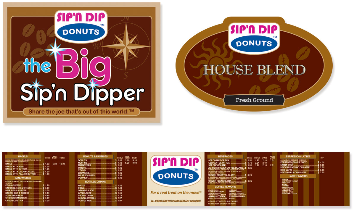 Sip-n-dip Donut Shop Packaging, labels and menu board